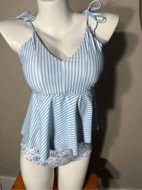 Striped Light Blue & White Peplum Swim tankini with Tie Shoulders